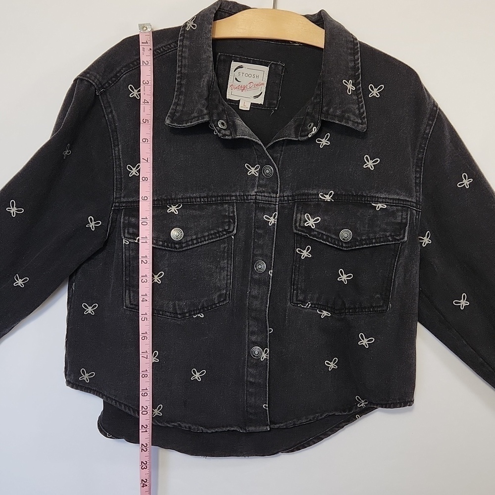 Stoosh Vintage Denim Women's Size L Black/Grey Butterfly Print Cropped Jacket - Picture 13 of 14